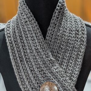Gray Crochet Cowl Scarf with Button Accent